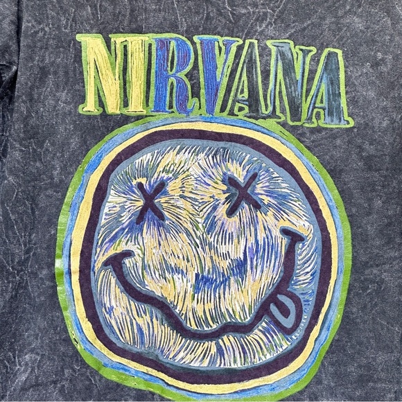 Nirvana Smiley Face Grey Mineral Wash Unisex Short Sleeve Tee - Size XL - Picture 3 of 7